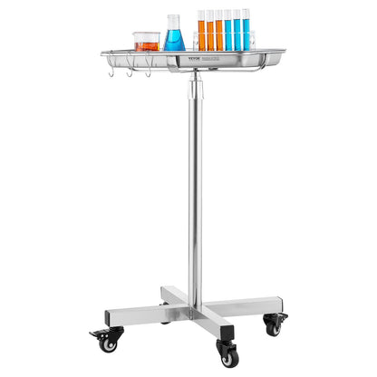 Mayo Stand, Stainless Steel Mayo Tray, Load Capacity up to 35 lbs, Adjustable Height 25.2"-39.8", Medical Tray on Wheels with Removable Tray for Spa, Salon, Clinic, Personal Care