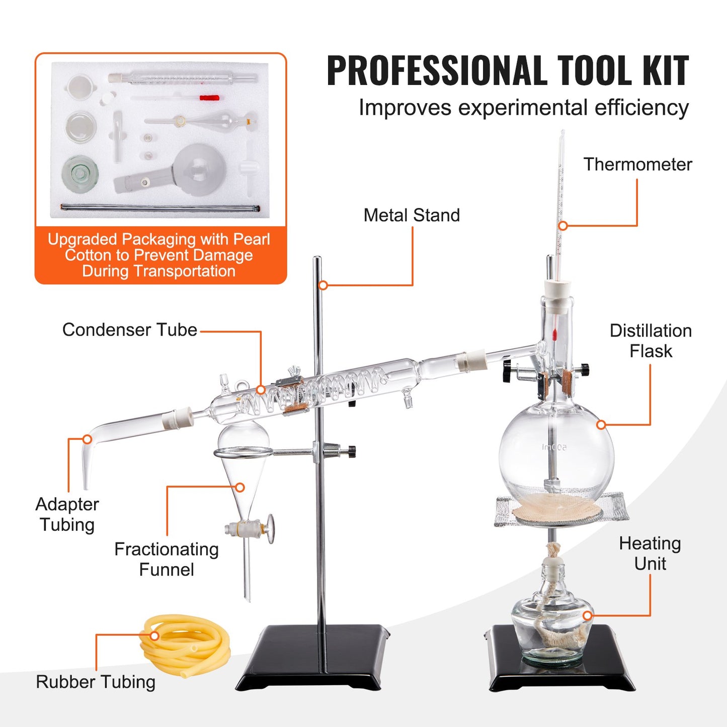 Essential Oil Distillation Kit, 500ml Distillation Apparatus, 3.3 Boro Lab Glassware Distillation Kit with Alcohol Lamp, Ceramic Mesh and 24, 40 Joint, 28 pcs Set