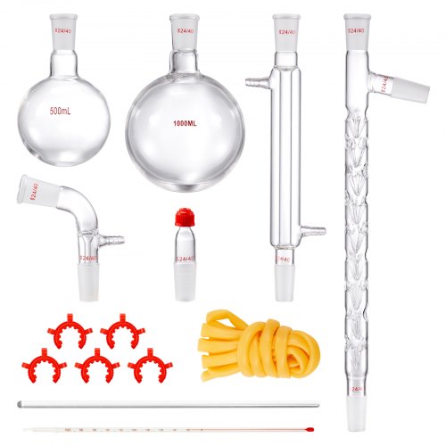 Lab Distillation Kit, 3.3 Boro Lab Glassware Distillation Kit with 24, 40 Joint, 1000ml Essential Oil Distillation Apparatus Kit, 14 pcs Set of Glassware Equipment