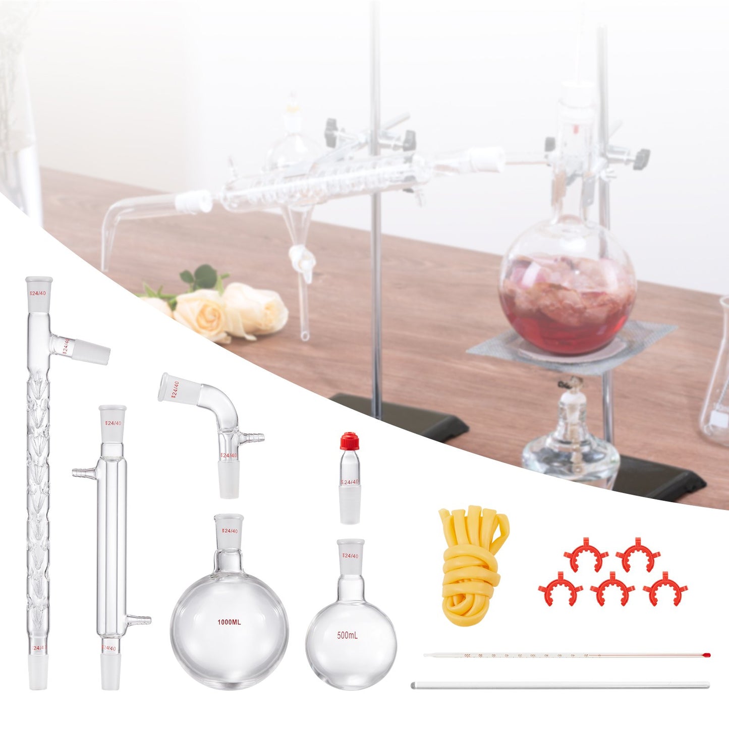 Lab Distillation Kit, 3.3 Boro Lab Glassware Distillation Kit with 24, 40 Joint, 1000ml Essential Oil Distillation Apparatus Kit, 14 pcs Set of Glassware Equipment