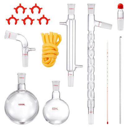 Lab Distillation Kit, 3.3 Boro Lab Glassware Distillation Kit with 24, 40 Joint, 1000ml Essential Oil Distillation Apparatus Kit, 14 pcs Set of Glassware Equipment