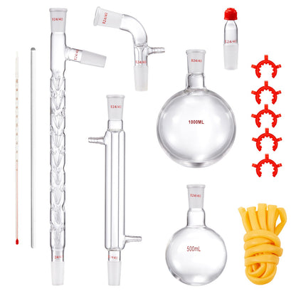 Lab Distillation Kit, 3.3 Boro Lab Glassware Distillation Kit with 24, 40 Joint, 1000ml Essential Oil Distillation Apparatus Kit, 14 pcs Set of Glassware Equipment