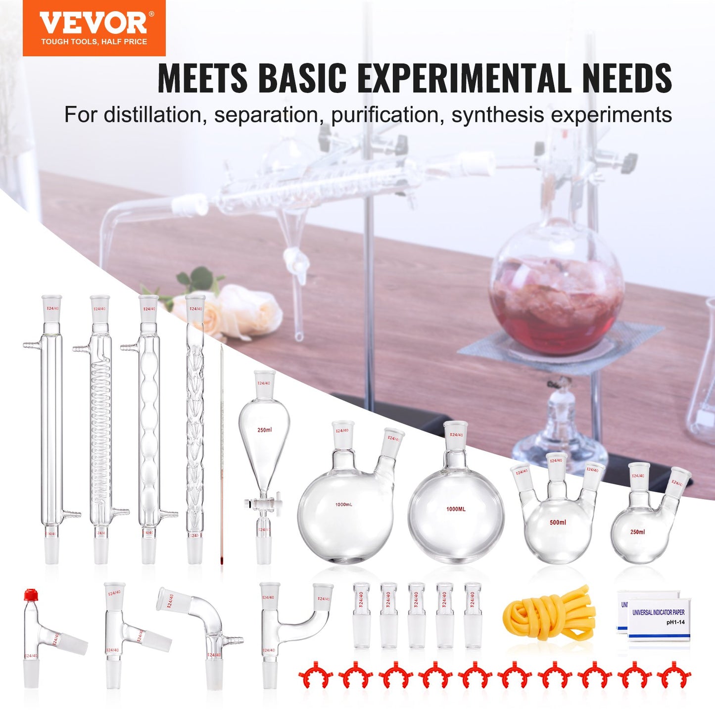 Lab Distillation Kit, 3.3 Boro Lab Glassware Distillation Kit with 24, 40 Joint, 1000ml Essential Oil Distillation Apparatus Kit, 32 pcs Set of Glassware Equipment