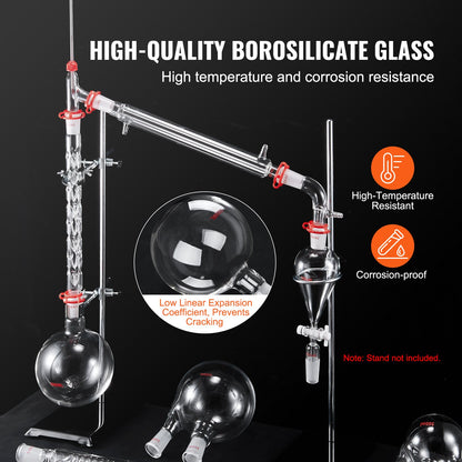 Lab Distillation Kit, 3.3 Boro Lab Glassware Distillation Kit with 24, 40 Joint, 1000ml Essential Oil Distillation Apparatus Kit, 32 pcs Set of Glassware Equipment