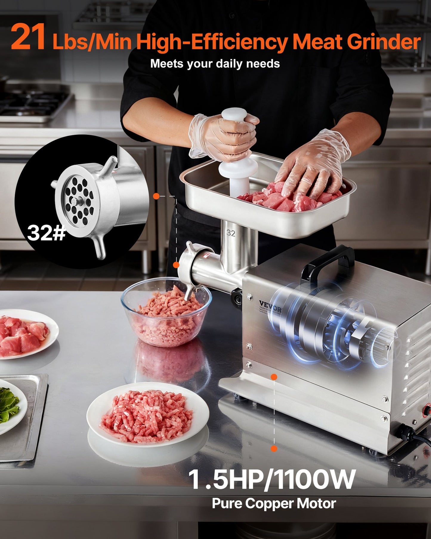 Meat Grinder, 21 Lbs/Min Capacity Electric Meat Grinders with Blade, Grinding Plate, Sausage Maker, Stainless Steel Commercial Meat Mincer for Kitchen Restaurant Butcher Store