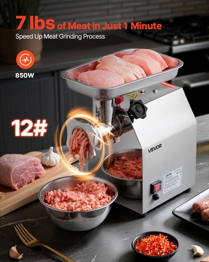 Commercial Electric Meat Grinder, 3.2 kg/min Capacity, #12 Industrial Meat Mincer with 2 Stainless Steel Blades, 2 Grinding Plates, 850W Heavy-Duty Sausage Maker, for Kitchen, Restaurant