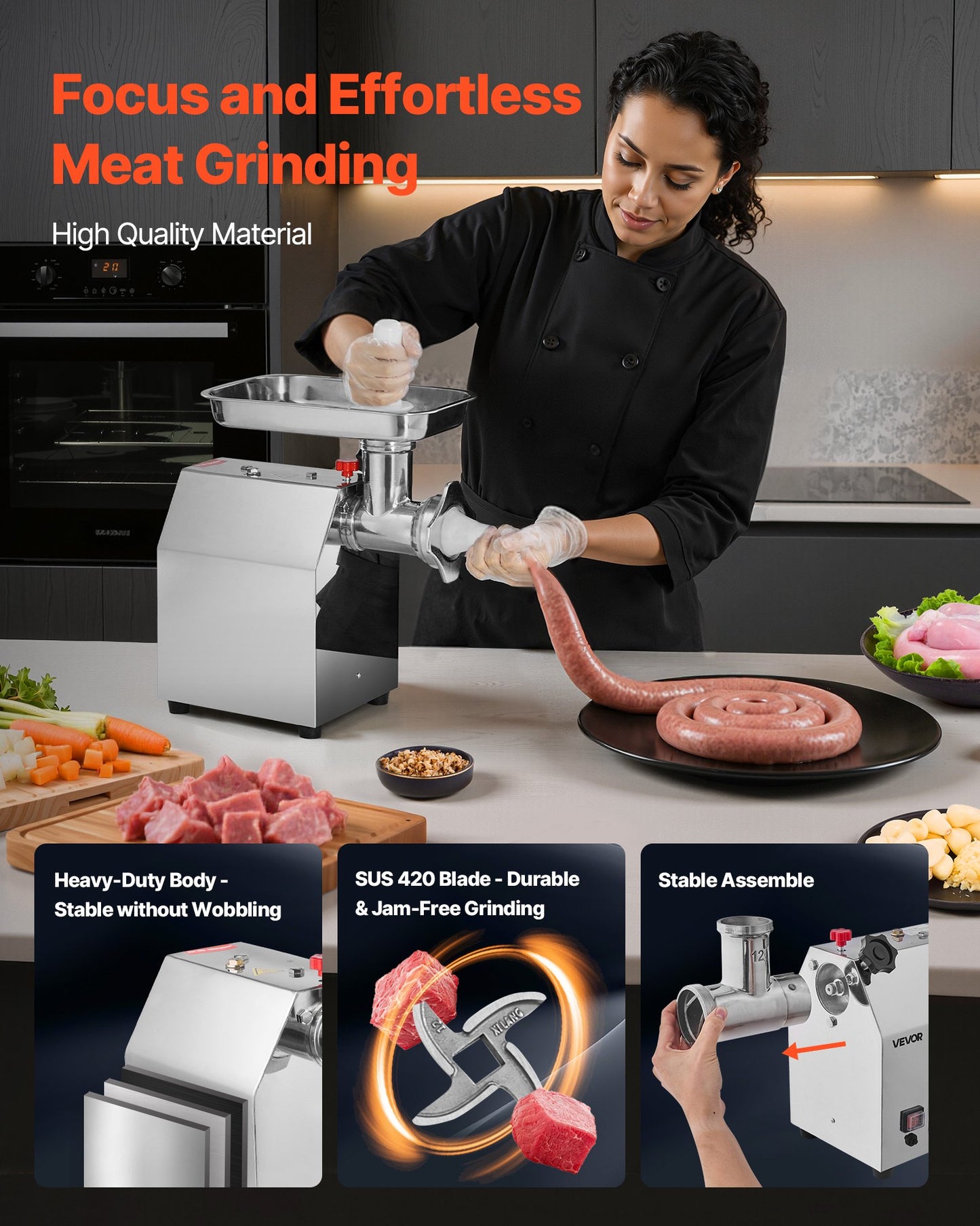 Commercial Electric Meat Grinder, 3.2 kg/min Capacity, #12 Industrial Meat Mincer with 2 Stainless Steel Blades, 2 Grinding Plates, 850W Heavy-Duty Sausage Maker, for Kitchen, Restaurant