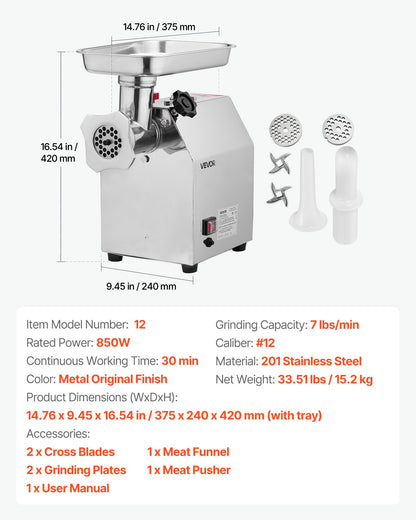 Commercial Electric Meat Grinder, 3.2 kg/min Capacity, #12 Industrial Meat Mincer with 2 Stainless Steel Blades, 2 Grinding Plates, 850W Heavy-Duty Sausage Maker, for Kitchen, Restaurant