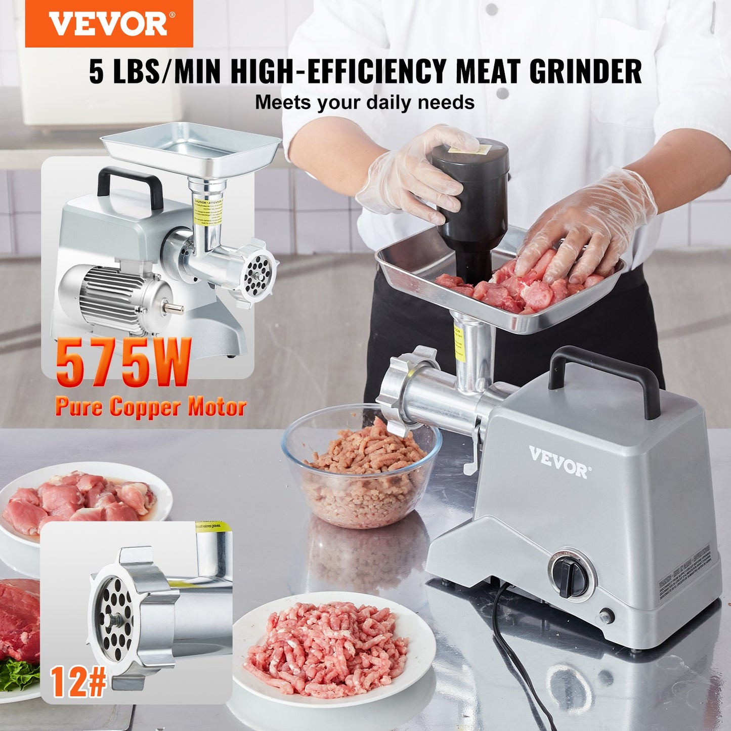 Electric Meat Grinder, 5 Lb/Min Capacity, 575W（800W MAX) Industrial Meat Mincer with Blade, Grinding Plate, Sausage Stuffing Blade and 3 Tubes, Aluminum Commercial Meat Grinder