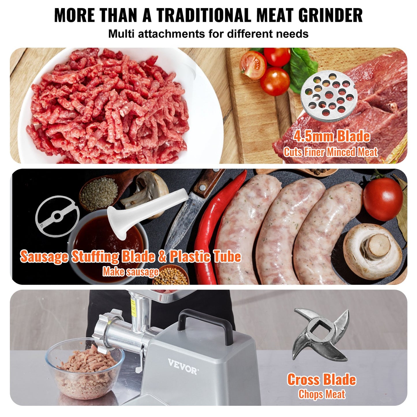 Electric Meat Grinder, 5 Lb/Min Capacity, 575W（800W MAX) Industrial Meat Mincer with Blade, Grinding Plate, Sausage Stuffing Blade and 3 Tubes, Aluminum Commercial Meat Grinder