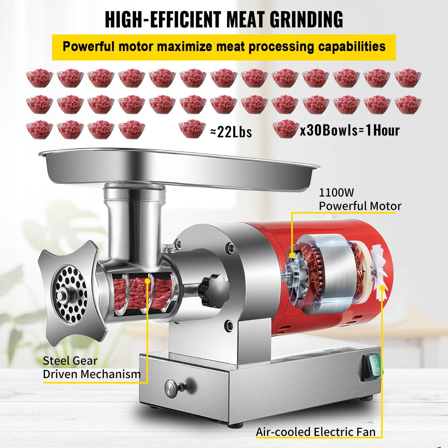 Electric Meat Grinder, 661 Lbs/Hour 1100 W Meat Grinder Machine, 1.5 HP Electric Meat Mincer with 2 Grinding Plates, Sausage Kit Set Meat Grinder Heavy Duty, Home Kitchen & Commercial Use