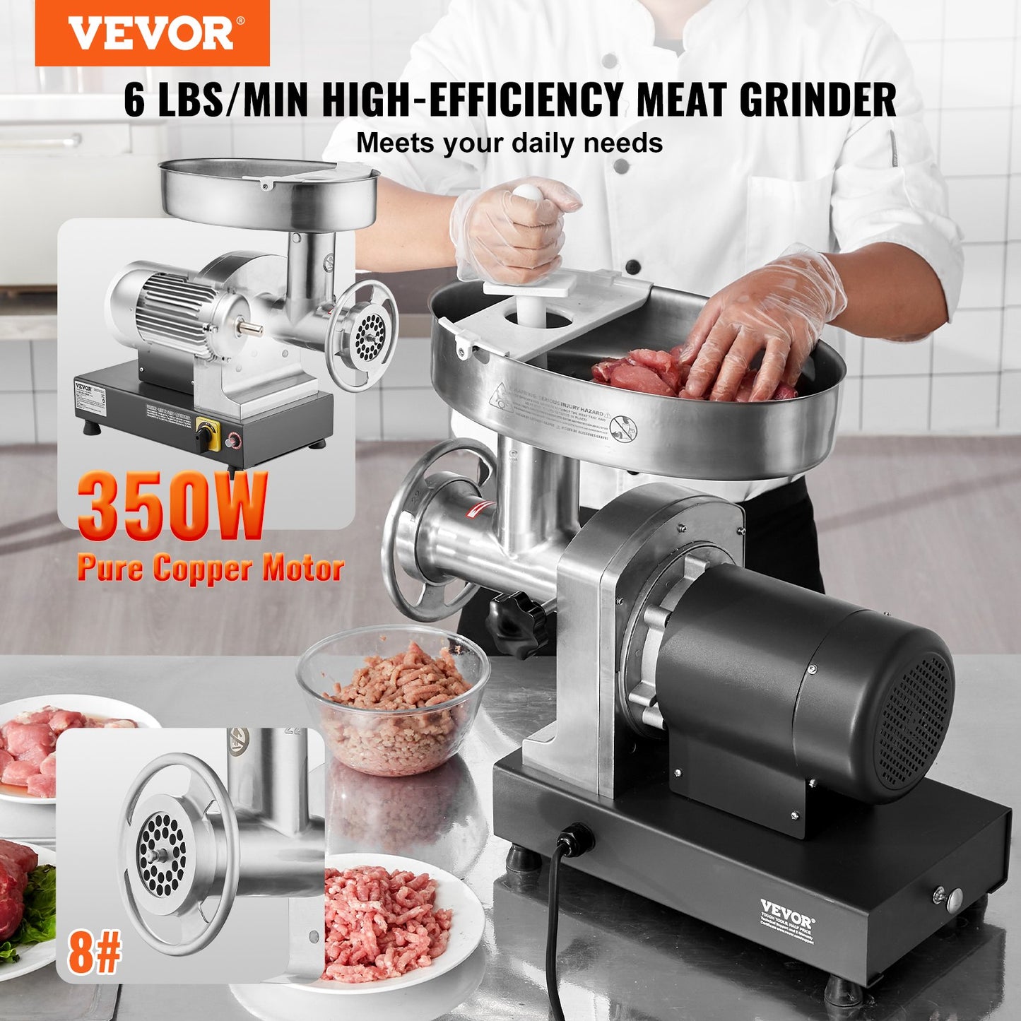 Meat Grinder, 6 Lbs/Min Capacity Electric Meat Grinders with Blade, Grinding Plate, Sausage Maker, Stainless Steel Commercial Meat Mincer for Kitchen Restaurant Butcher Store