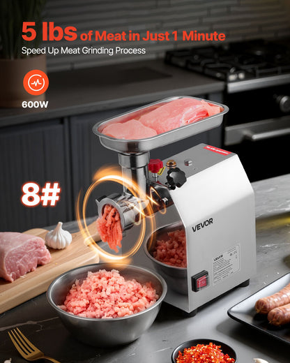 Commercial Electric Meat Grinder, 2.3 kg/min Capacity, #8 Industrial Meat Mincer with 2 Stainless Steel Blades, 2 Grinding Plates, 600W Heavy-Duty Sausage Maker, for Kitchen, Restaurant