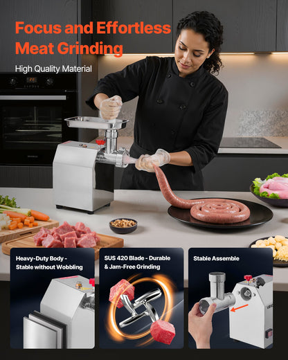 Commercial Electric Meat Grinder, 2.3 kg/min Capacity, #8 Industrial Meat Mincer with 2 Stainless Steel Blades, 2 Grinding Plates, 600W Heavy-Duty Sausage Maker, for Kitchen, Restaurant