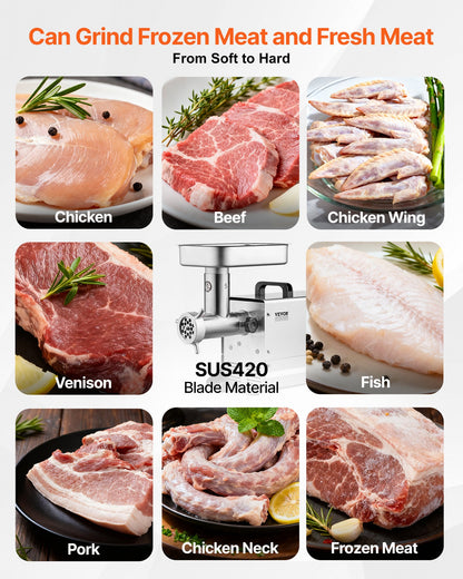 Meat Grinder, 5 Lbs/Min Capacity Electric Meat Grinders with Blade, Grinding Plate, Sausage Maker, Stainless Steel Commercial Meat Mincer for Kitchen Restaurant Butcher Store