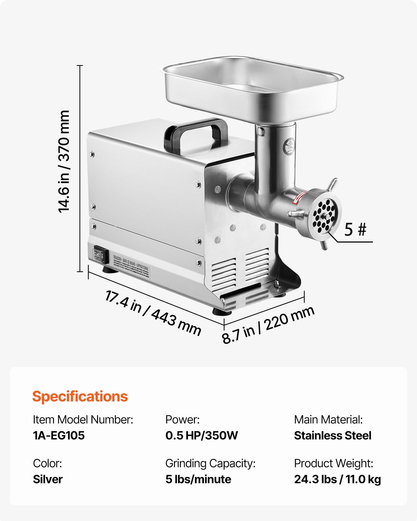 Meat Grinder, 5 Lbs/Min Capacity Electric Meat Grinders with Blade, Grinding Plate, Sausage Maker, Stainless Steel Commercial Meat Mincer for Kitchen Restaurant Butcher Store