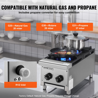 Commercial Gas Stove with 2 Burners, Propane and Natural Gas Countertop Cooking Stove Range, Stainless Steel Gas Hot Plate, Commercial Cooking Equipment for Restaurant, 14KW