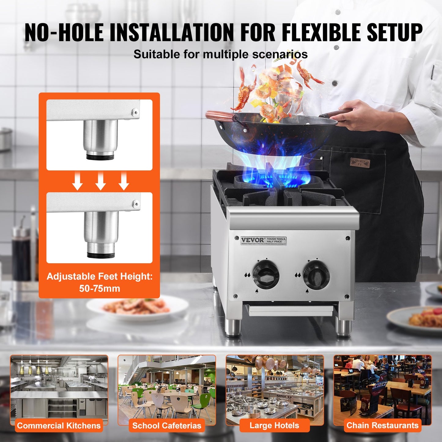 Commercial Gas Stove with 2 Burners, Propane and Natural Gas Countertop Cooking Stove Range, Stainless Steel Gas Hot Plate, Commercial Cooking Equipment for Restaurant, 14KW