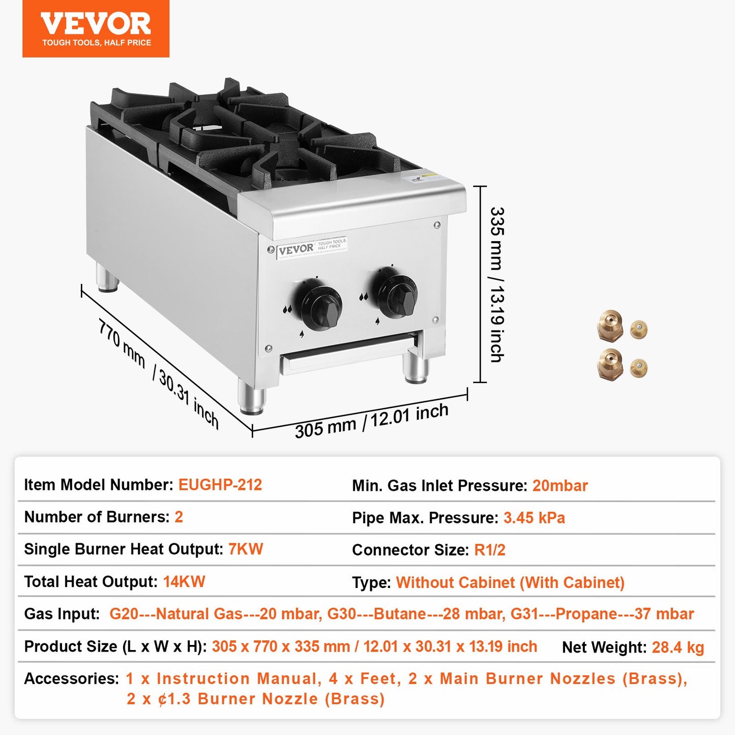 Commercial Gas Stove with 2 Burners, Propane and Natural Gas Countertop Cooking Stove Range, Stainless Steel Gas Hot Plate, Commercial Cooking Equipment for Restaurant, 14KW