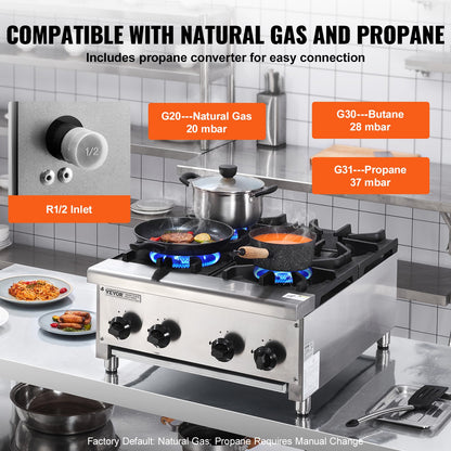 Commercial Gas Stove with 4 Burners, Propane and Natural Gas Countertop Cooking Stove Range, Stainless Steel Gas Hot Plate, Commercial Cooking Equipment for Restaurant, 28KW