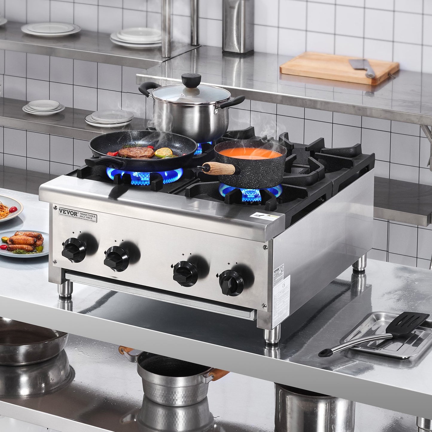 Commercial Gas Stove with 4 Burners, Propane and Natural Gas Countertop Cooking Stove Range, Stainless Steel Gas Hot Plate, Commercial Cooking Equipment for Restaurant, 28KW