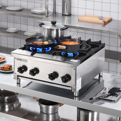 Commercial Gas Stove with 4 Burners, Propane and Natural Gas Countertop Cooking Stove Range, Stainless Steel Gas Hot Plate, Commercial Cooking Equipment for Restaurant, 28KW