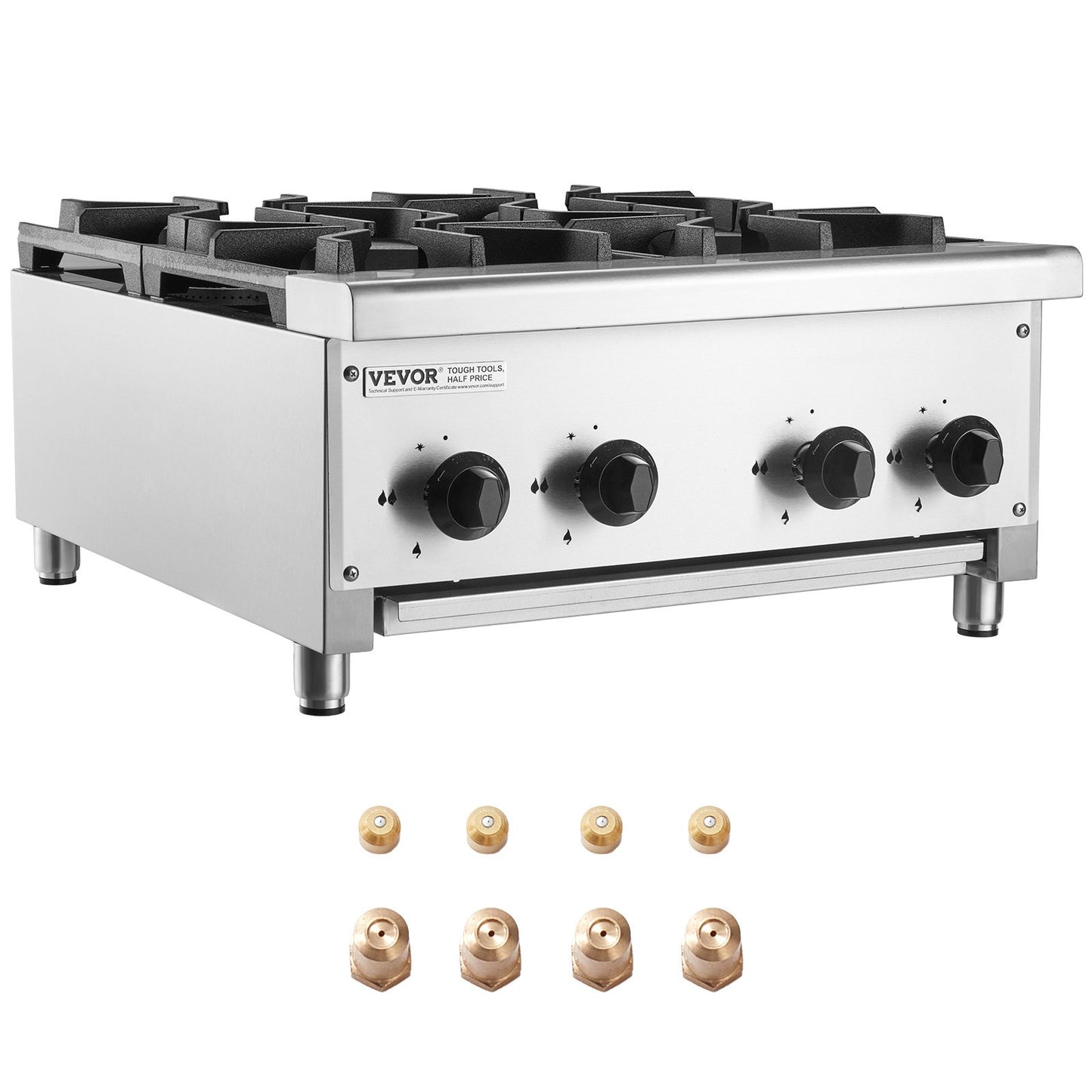 Commercial Gas Stove with 4 Burners, Propane and Natural Gas Countertop Cooking Stove Range, Stainless Steel Gas Hot Plate, Commercial Cooking Equipment for Restaurant, 28KW