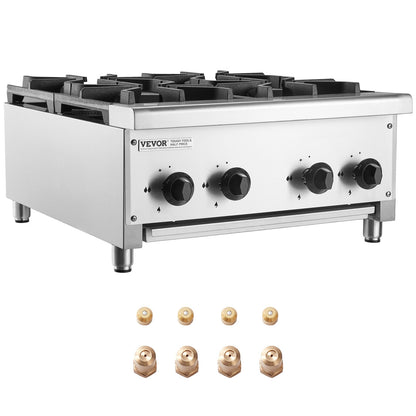 Commercial Gas Stove with 4 Burners, Propane and Natural Gas Countertop Cooking Stove Range, Stainless Steel Gas Hot Plate, Commercial Cooking Equipment for Restaurant, 28KW