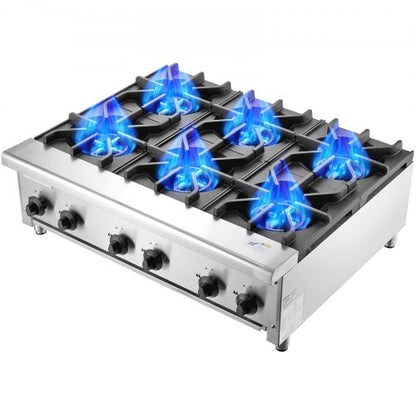 Commercial Gas Stove with 6 Burners, Propane and Natural Gas Countertop Cooking Stove Range, Stainless Steel Gas Hot Plate, Commercial Cooking Equipment for Restaurant, 42KW