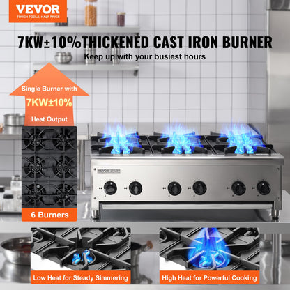 Commercial Gas Stove with 6 Burners, Propane and Natural Gas Countertop Cooking Stove Range, Stainless Steel Gas Hot Plate, Commercial Cooking Equipment for Restaurant, 42KW