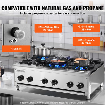 Commercial Gas Stove with 6 Burners, Propane and Natural Gas Countertop Cooking Stove Range, Stainless Steel Gas Hot Plate, Commercial Cooking Equipment for Restaurant, 42KW