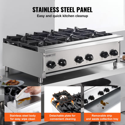 Commercial Gas Stove with 6 Burners, Propane and Natural Gas Countertop Cooking Stove Range, Stainless Steel Gas Hot Plate, Commercial Cooking Equipment for Restaurant, 42KW