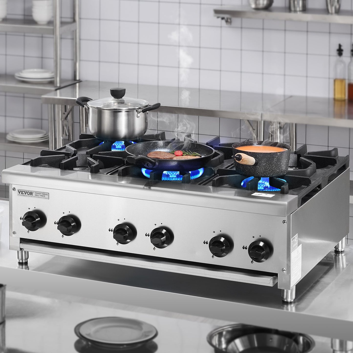 Commercial Gas Stove with 6 Burners, Propane and Natural Gas Countertop Cooking Stove Range, Stainless Steel Gas Hot Plate, Commercial Cooking Equipment for Restaurant, 42KW