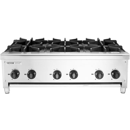 Commercial Gas Stove with 6 Burners, Propane and Natural Gas Countertop Cooking Stove Range, Stainless Steel Gas Hot Plate, Commercial Cooking Equipment for Restaurant, 42KW