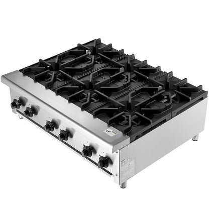 Commercial Gas Stove with 6 Burners, Propane and Natural Gas Countertop Cooking Stove Range, Stainless Steel Gas Hot Plate, Commercial Cooking Equipment for Restaurant, 42KW