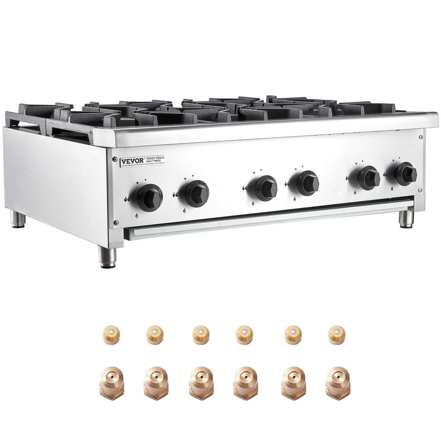 Commercial Gas Stove with 6 Burners, Propane and Natural Gas Countertop Cooking Stove Range, Stainless Steel Gas Hot Plate, Commercial Cooking Equipment for Restaurant, 42KW