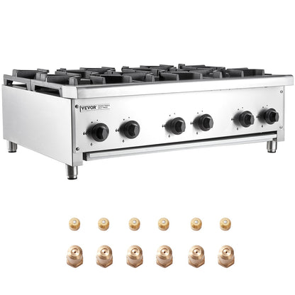 Commercial Gas Stove with 6 Burners, Propane and Natural Gas Countertop Cooking Stove Range, Stainless Steel Gas Hot Plate, Commercial Cooking Equipment for Restaurant, 42KW