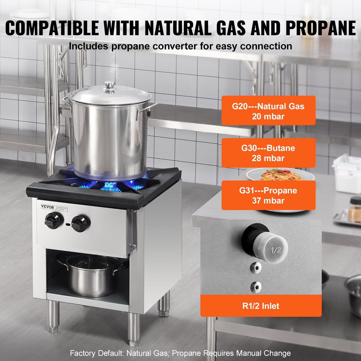 Commercial Gas Stove with Cabinet, Propane and Natural Gas Countertop Cooking Stove Range, Stainless Steel Gas Hot Plate, Commercial Cooking Equipment for Restaurant, 26KW