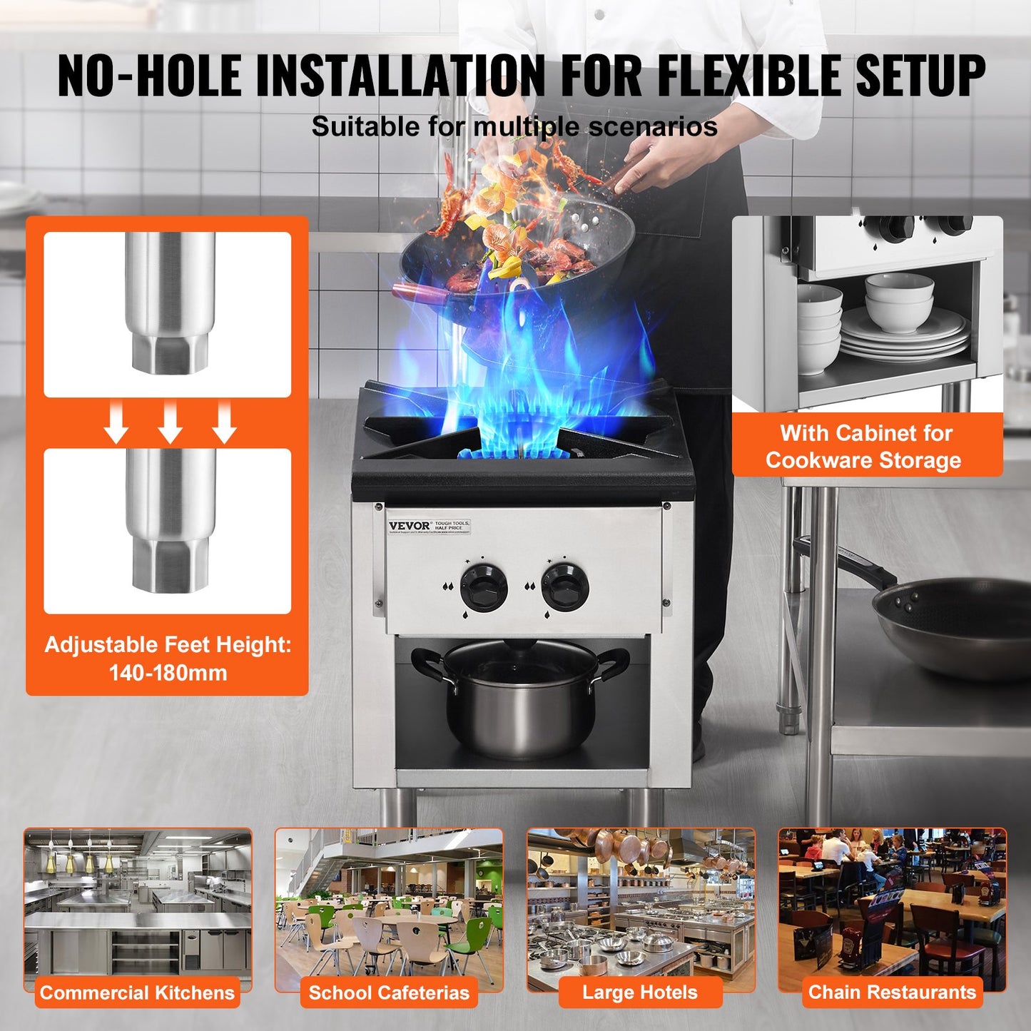 Commercial Gas Stove with Cabinet, Propane and Natural Gas Countertop Cooking Stove Range, Stainless Steel Gas Hot Plate, Commercial Cooking Equipment for Restaurant, 26KW