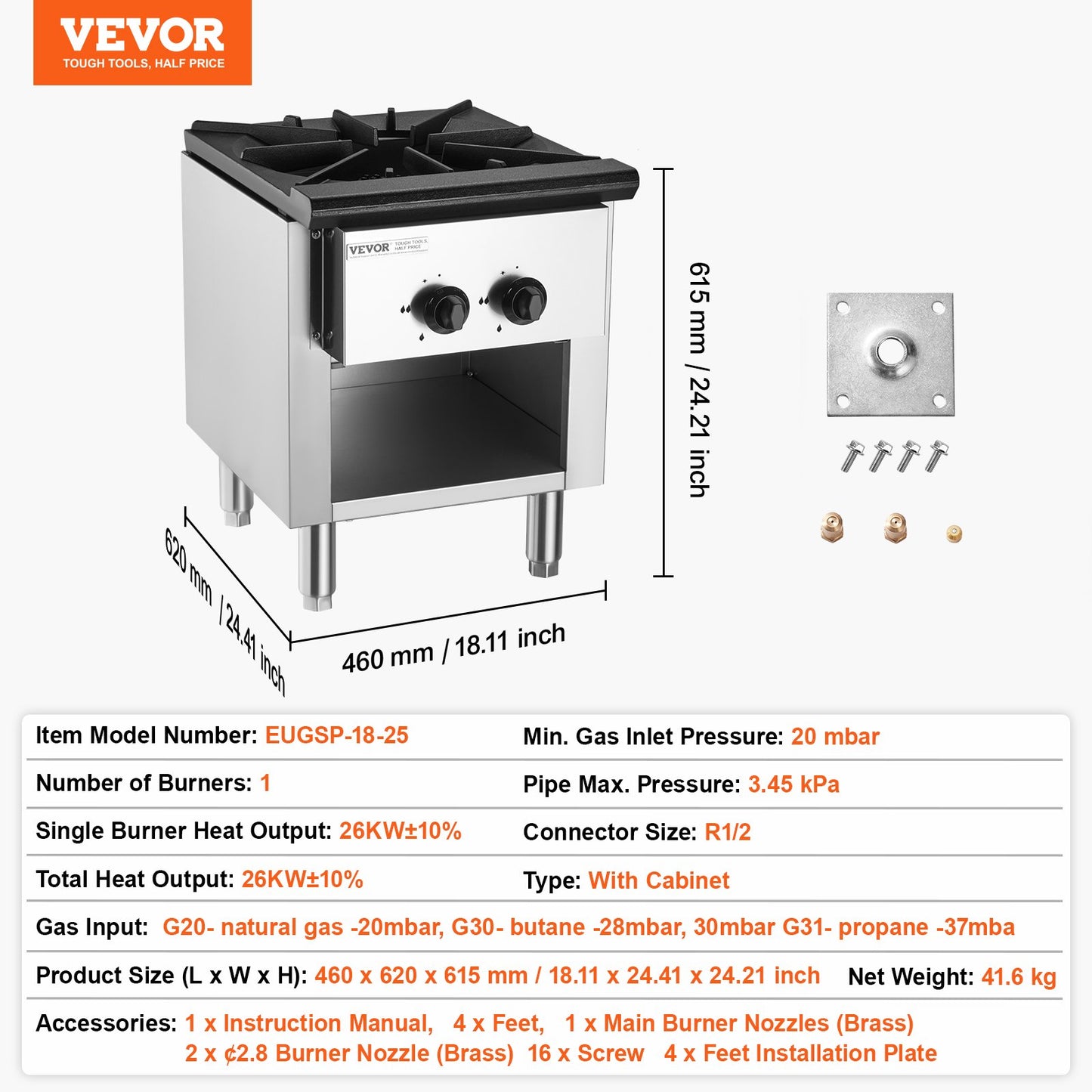 Commercial Gas Stove with Cabinet, Propane and Natural Gas Countertop Cooking Stove Range, Stainless Steel Gas Hot Plate, Commercial Cooking Equipment for Restaurant, 26KW