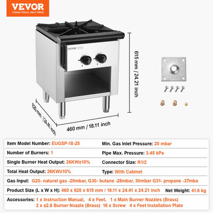 Commercial Gas Stove with Cabinet, Propane and Natural Gas Countertop Cooking Stove Range, Stainless Steel Gas Hot Plate, Commercial Cooking Equipment for Restaurant, 26KW