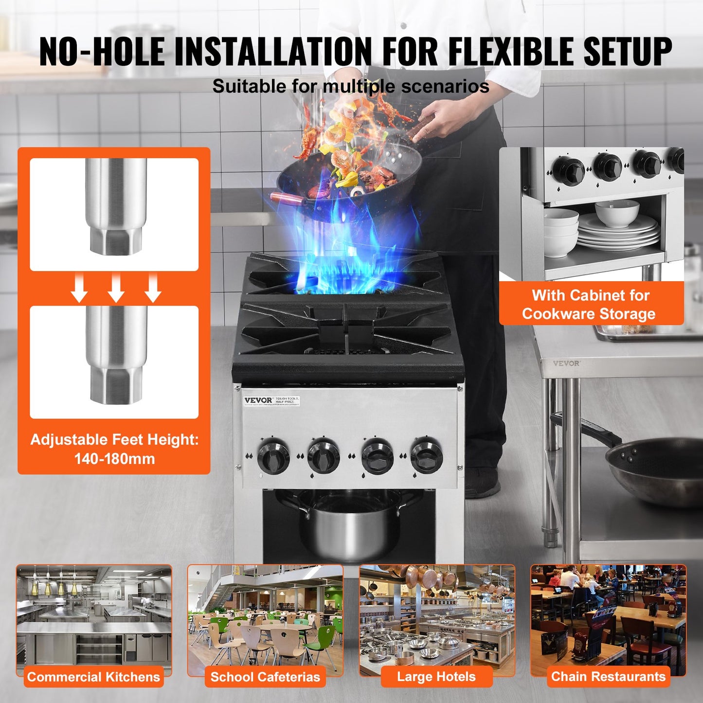 Commercial Gas Stove with 2 Burners, Propane and Natural Gas Countertop Cooking Stove Range, Stainless Steel Gas Hot Plate, Commercial Cooking Equipment for Restaurant, 52KW