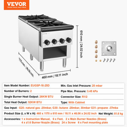 Commercial Gas Stove with 2 Burners, Propane and Natural Gas Countertop Cooking Stove Range, Stainless Steel Gas Hot Plate, Commercial Cooking Equipment for Restaurant, 52KW