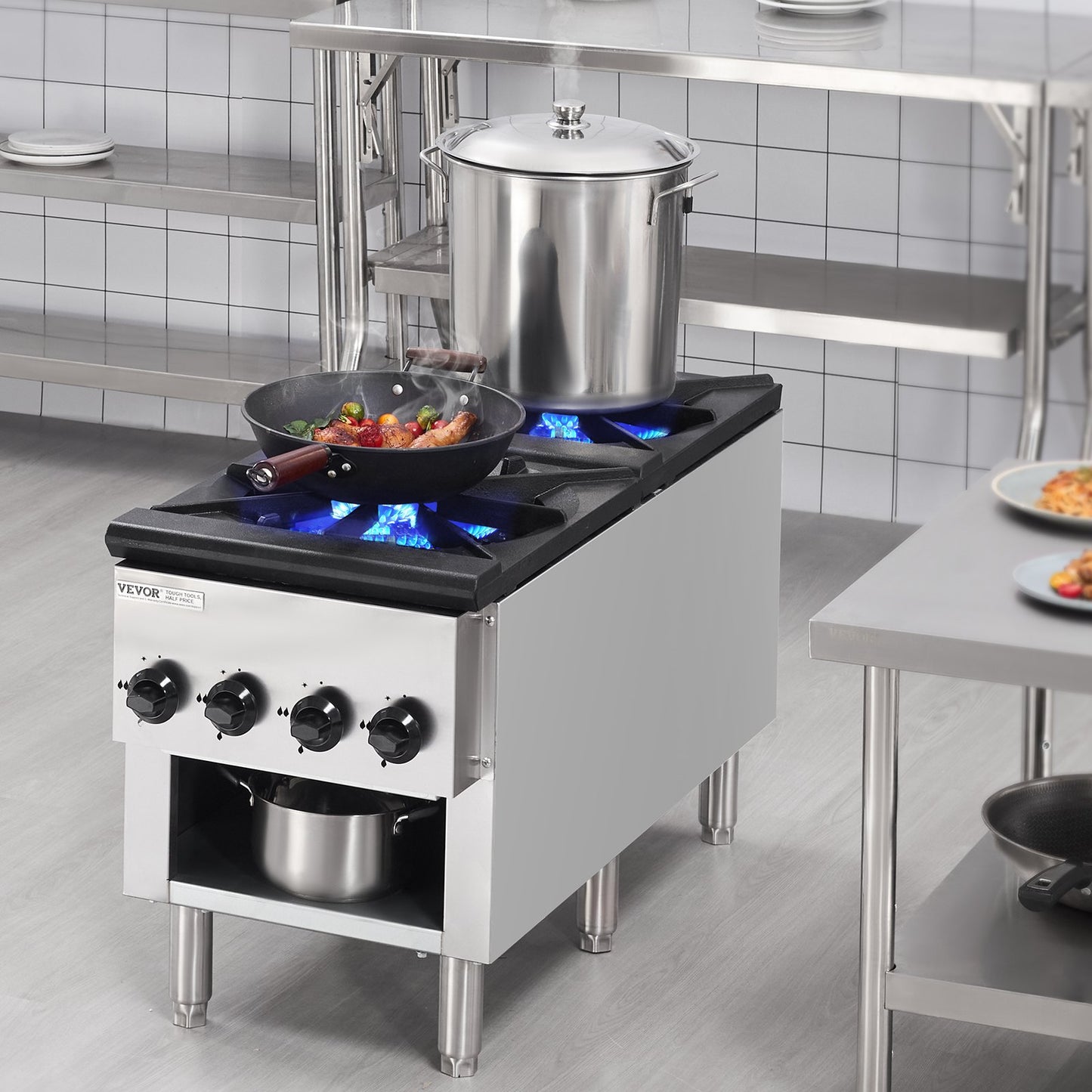 Commercial Gas Stove with 2 Burners, Propane and Natural Gas Countertop Cooking Stove Range, Stainless Steel Gas Hot Plate, Commercial Cooking Equipment for Restaurant, 52KW