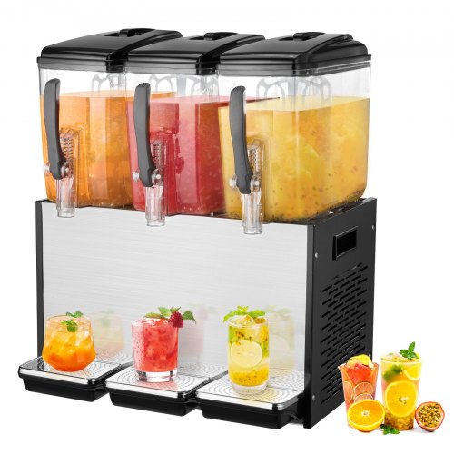 Commercial Beverage Dispenser, 3 Tanks 12 L Per Tank Juice Dispenser, 370W Stainless Steel Ice Tea Drink Machine with 45°F-54°F Cooling Temperature, for Cold Drink Restaurant Bar Party