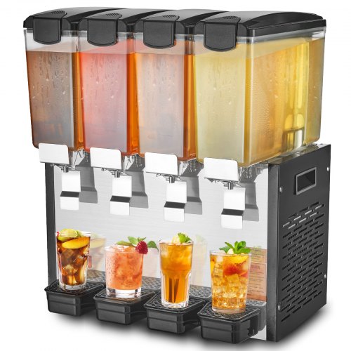 Commercial Beverage Dispenser, 4 Tanks 10 L Per Tank Juice Dispenser, 430W Stainless Steel Ice Tea Drink Machine with 45°F-54°F Cooling Temperature, for Cold Drink Restaurant Bar Party