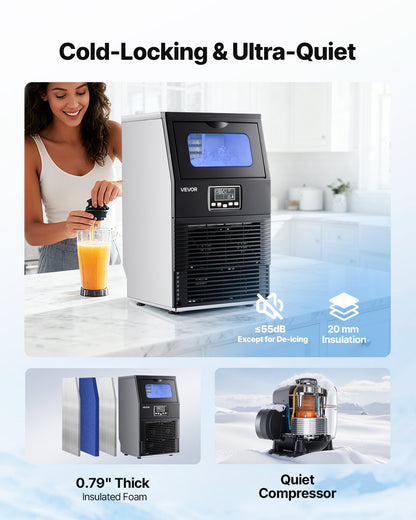 Commercial Ice Maker Machine, 40.82 kg/24h with 5.44kg Storage, 32 Cubes per Cycle, Stainless Steel Freestanding & Countertop Ice Maker with LED Display & Self-Cleaning, for Home Bar Restaurant