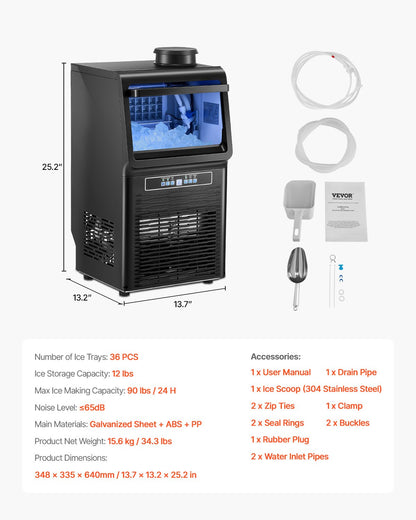 90lbs/24H Commercial Ice Maker, 36 Ice Cubes in 15 Minutes, Freestanding Ice Maker Machine with 12lbs Large Storage Capacity for Bar Office Restaurant, with LED Digital Display & Self-Cleaning