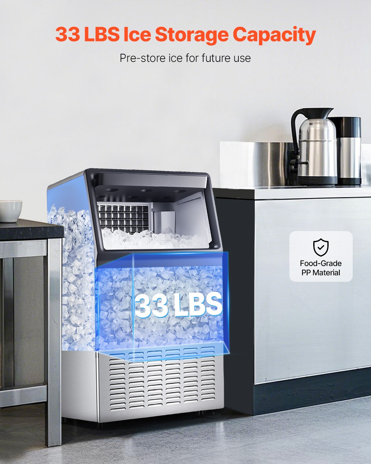 Commercial Ice Maker Machine, 110lbs/24H Ice Maker Machine with 33lbs Storage Capacity, 50 Ice Cubes in 15 Minutes, LED Digital Display Freestanding Self-Cleaning for Bar Office Restaurant