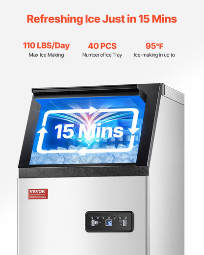 110lbs/24H Commercial Ice Maker, 36 Ice Cubes in 15 Minutes, Freestanding Ice Maker Machine with 28lbs Large Storage Capacity for Bar Office Restaurant, with LED Digital Display & Self-Cleaning